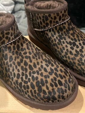 UGG Brown Suede Ankle Boots with Leopard Trim